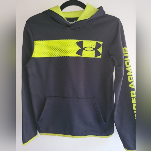 🔴UNDER ARMOUR Fleece Hoodie (Youth LG, Black/Yellow graphics) - Picture 5 of 6
